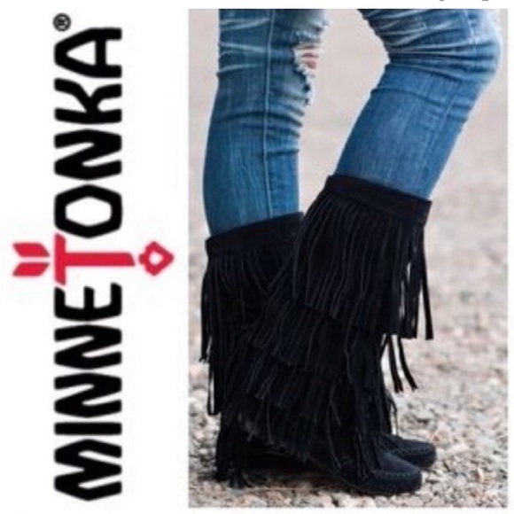 Minnetonka 3 Layer Fringe Moccasin Boot Womens Size 8 Suede Boho Western 1639 - Picture 2 of 11